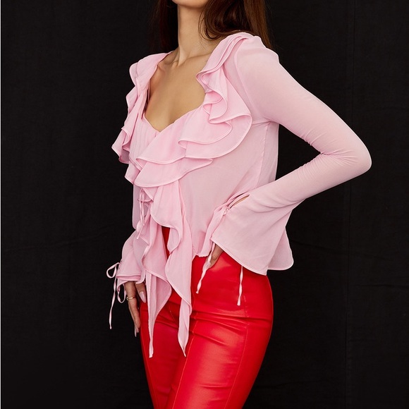 House of CB AALIYAH FAIRY PINK REAL SILK CHIFFON RUFFLE TOP & BRALET - Picture 8 of 11